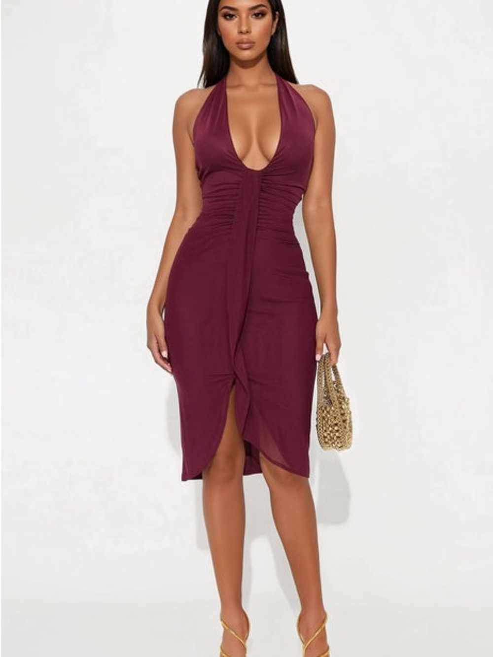 Fashion Nova Burgundy Halter Ruched Midi Dress
